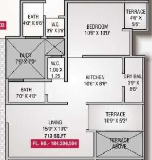 Floor plan of 1 BHK 713 Sq. Ft. Apartment in Sai Shraddha Hillside, Pune