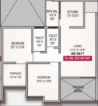 Floor plan of 2 BHK 882 Sq. Ft. Apartment in Sai Shraddha Hillside, Pune