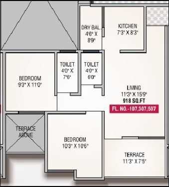 Floor plan of 2 BHK 918 Sq. Ft. Apartment in Sai Shraddha Hillside, Pune