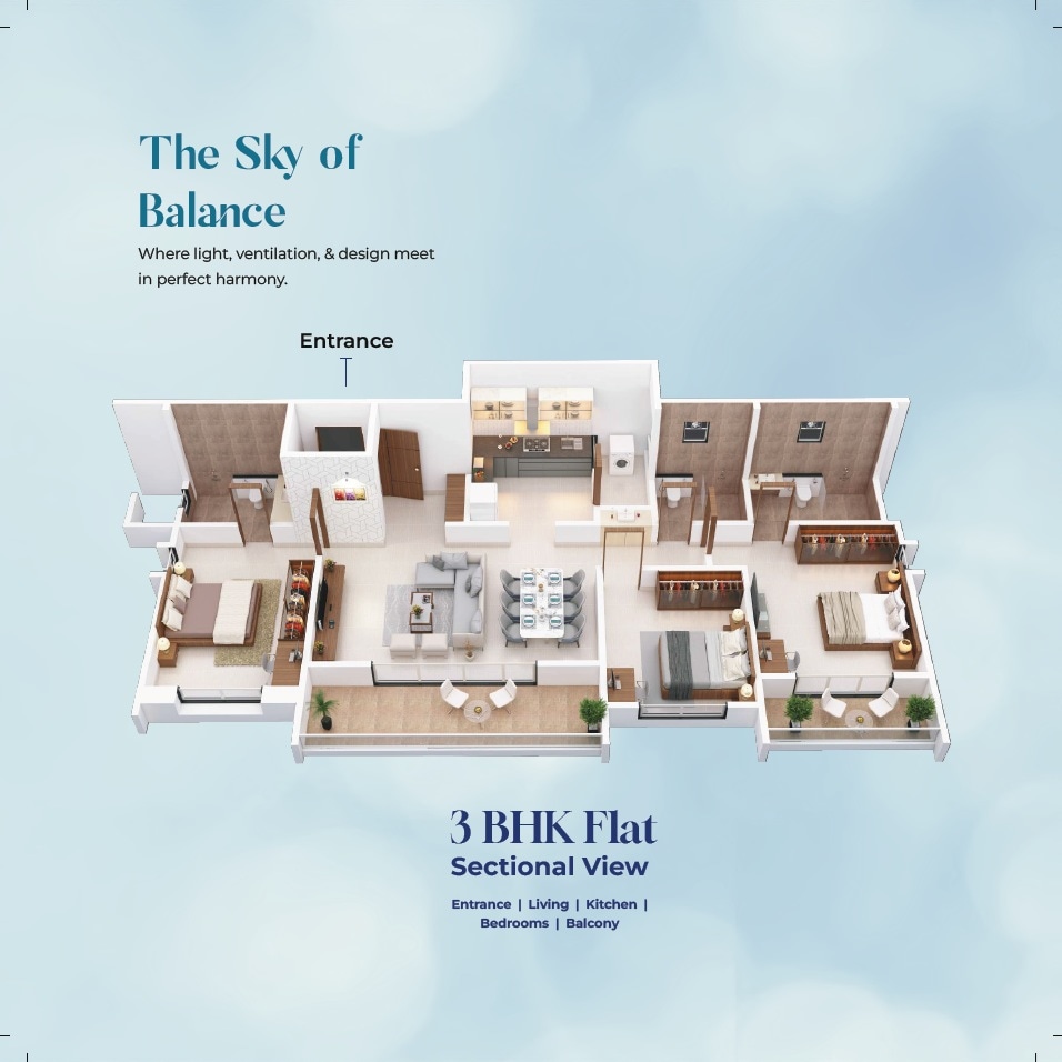 Floor plan of 3 BHK 1351 Sq. Ft. Apartment in Sai Shriya Akash, Pune