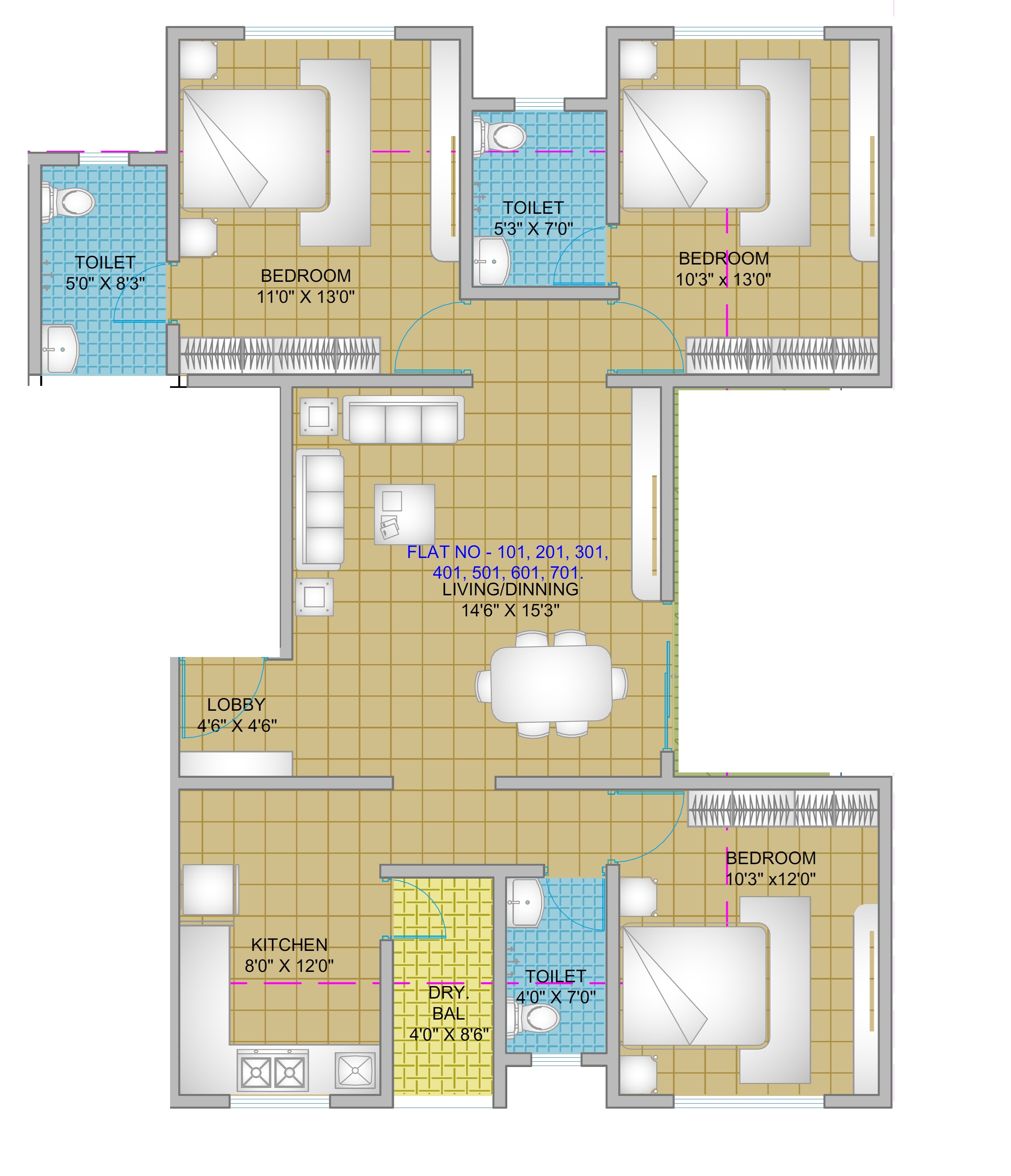 Floor plan of 3 BHK 1072 Sq. Ft. Apartment in Sai Silver Eminence, Pune