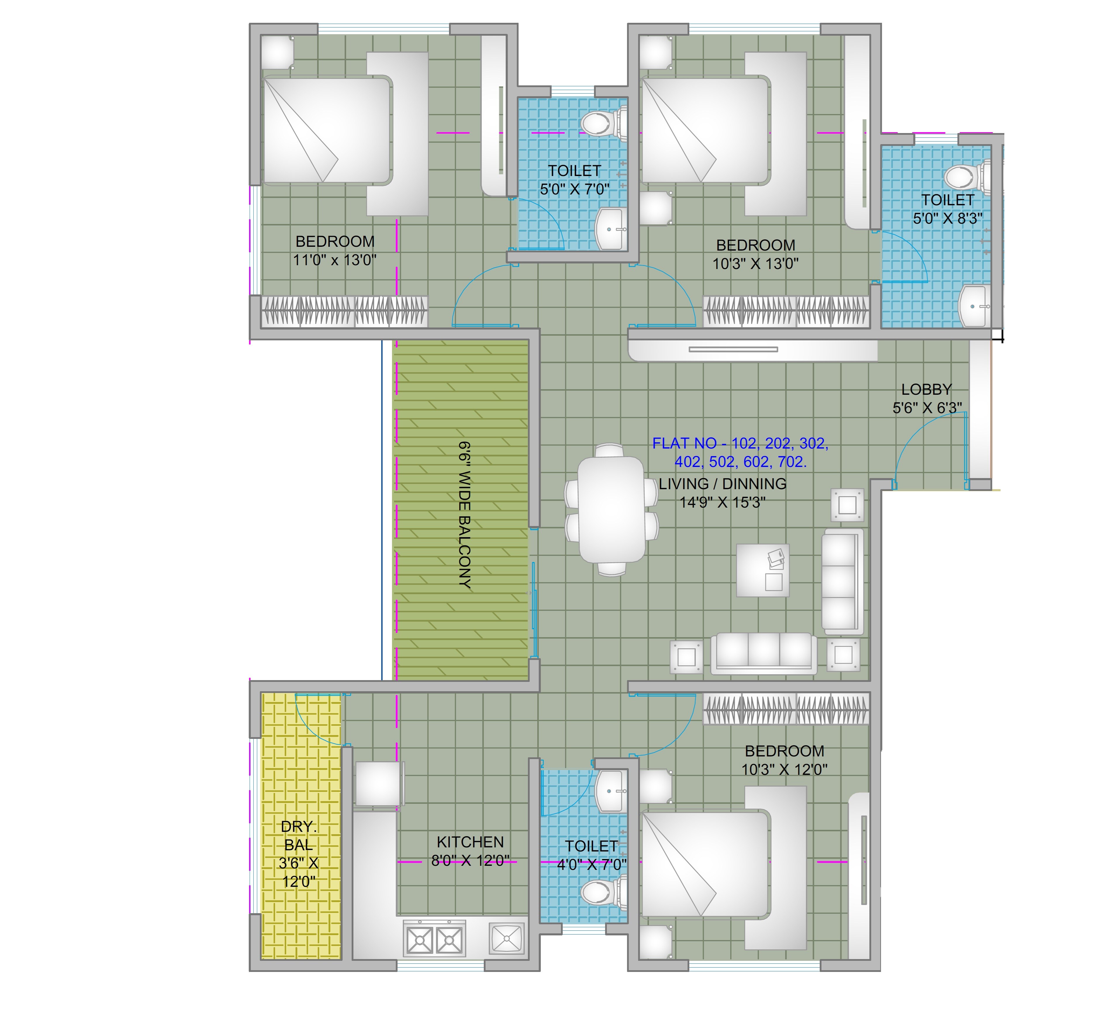 Floor plan of 3 BHK 1088 Sq. Ft. Apartment in Sai Silver Eminence, Pune