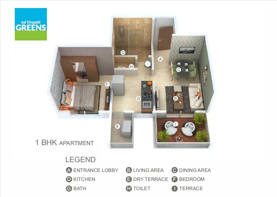 Floor plan of 1 BHK 313 Sq. Ft. Apartment in Sai Tirupati Greens, Pune