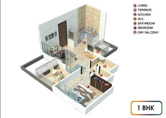 Floor plan of 1 BHK 523 Sq. Ft. Apartment in Sai Vaastu Dreams, Pune