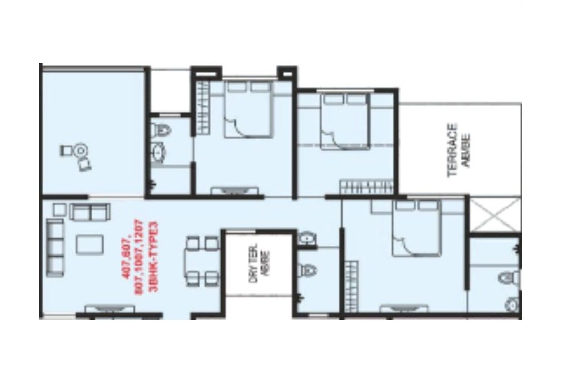 Floor plan of 3 BHK 1029 Sq. Ft. Apartment in Saibaba Shantivan, Pune
