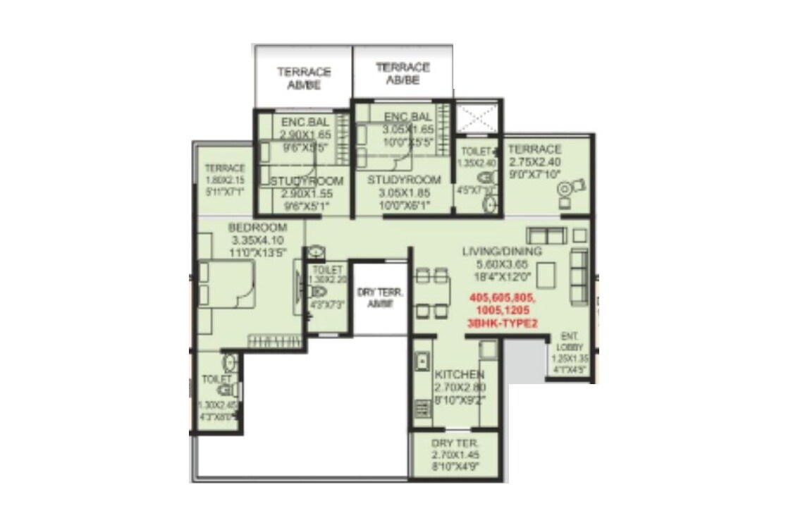 Floor plan of 3 BHK 1048 Sq. Ft. Apartment in Saibaba Shantivan, Pune