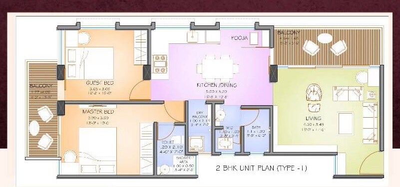 Floor plan of 2 BHK 909 Sq. Ft. Apartment in Saikrushna Midori Tower, Pune