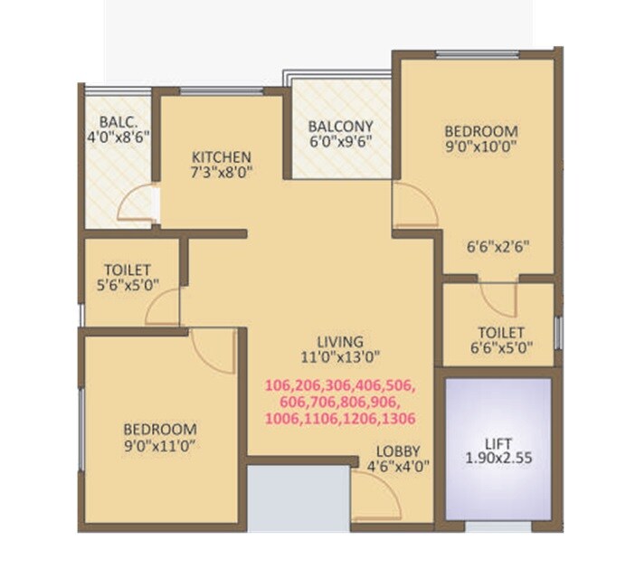 Floor plan of 2 BHK 711 Sq. Ft. Apartment in Sainath Kundan Altura, Pune