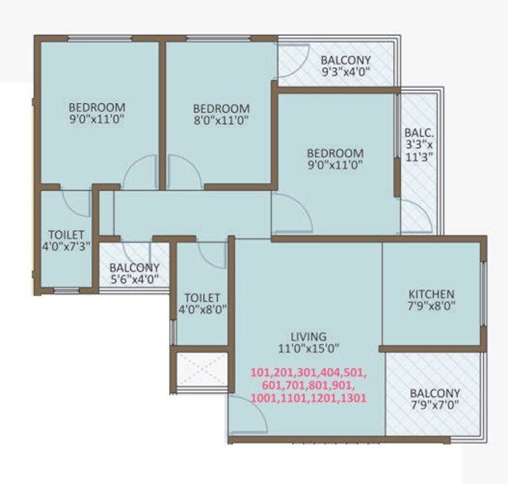 Floor plan of 3 BHK 977 Sq. Ft. Apartment in Sainath Kundan Altura, Pune