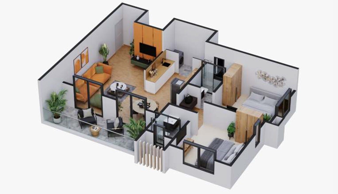 Floor plan of 2 BHK 939 Sq. Ft. Apartment in Sainath Pinewood, Pune