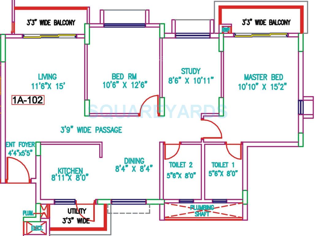 Floor plan of 2 BHK 1315 Sq. Ft. Apartment in Salarpuria H And M Royal, Pune