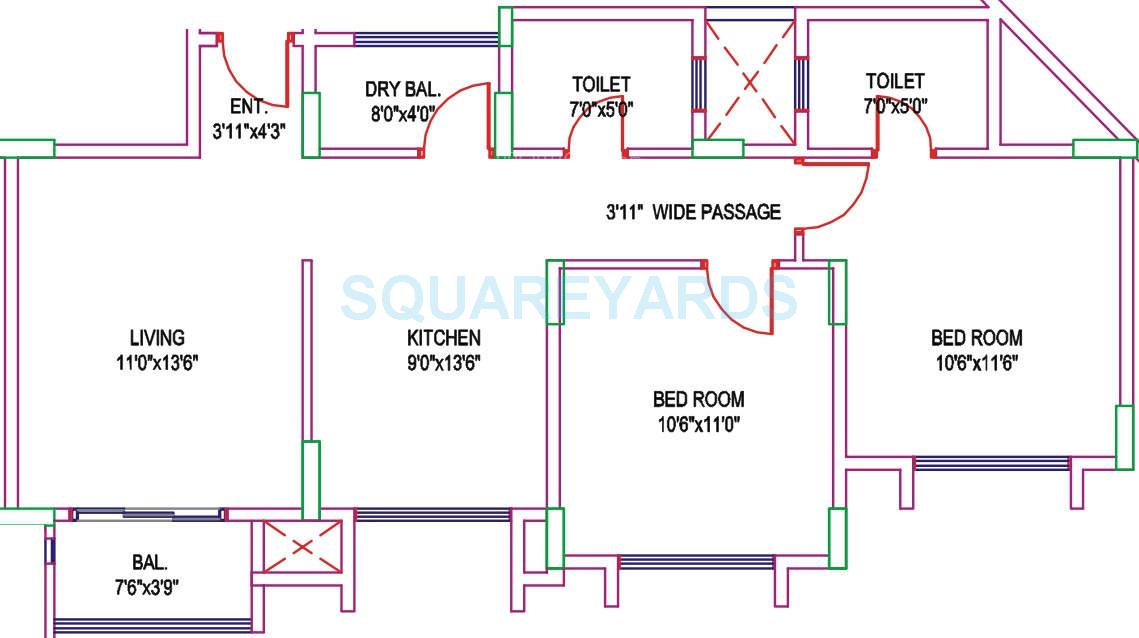 Floor plan of 2 BHK 935 Sq. Ft. Apartment in Salarpuria H And M Royal, Pune