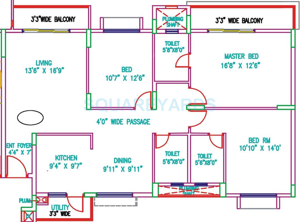 Floor plan of 3 BHK 1780 Sq. Ft. Apartment in Salarpuria H And M Royal, Pune