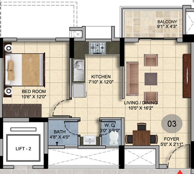 Floor plan of 1 BHK 470 Sq. Ft. Apartment in Salarpuria Sattva H And M Royal, Pune