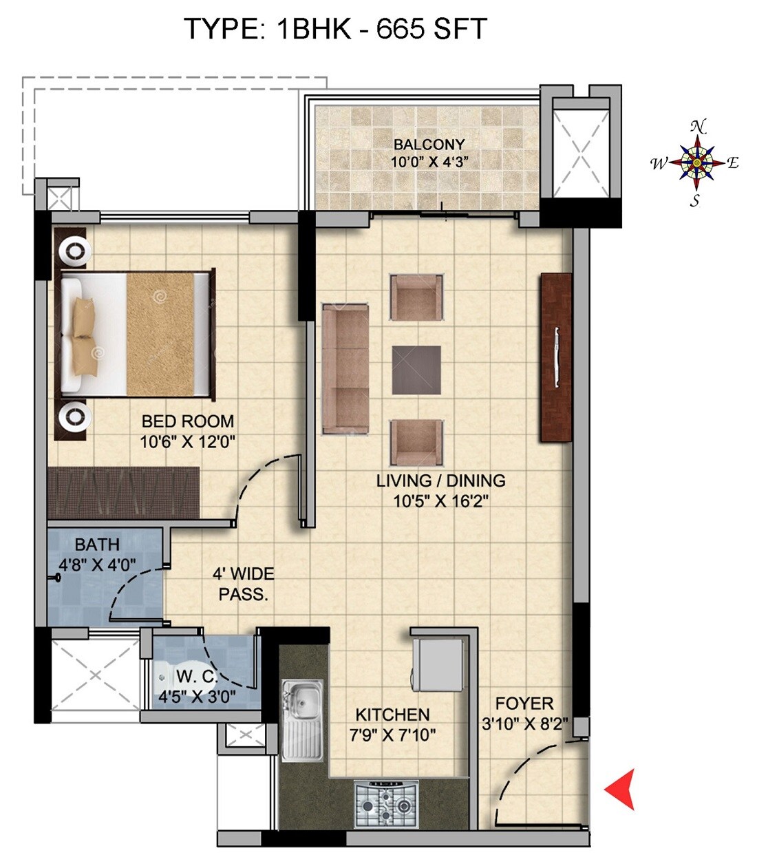 Floor plan of 1 BHK 495 Sq. Ft. Apartment in Salarpuria Sattva H And M Royal, Pune