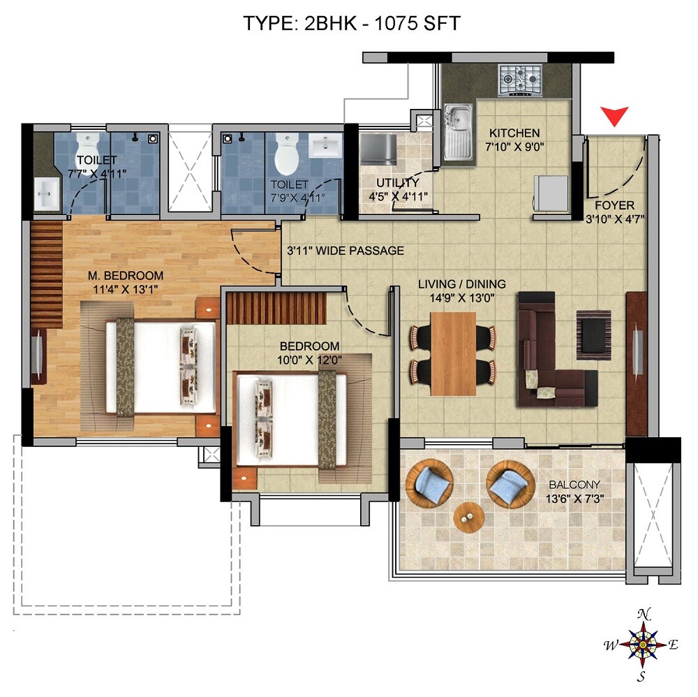 Floor plan of 2 BHK 790 Sq. Ft. Apartment in Salarpuria Sattva H And M Royal, Pune