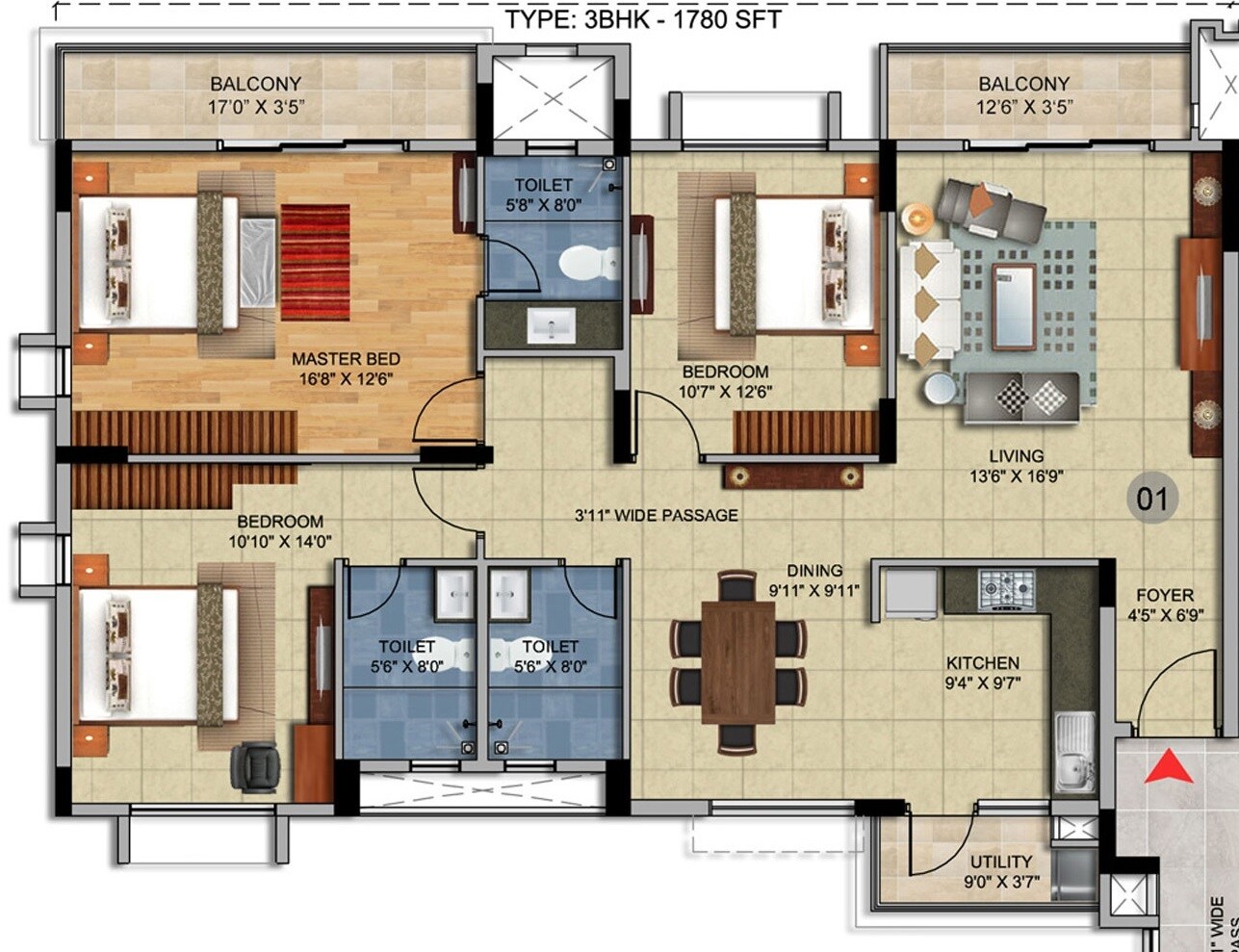 Floor plan of 3 BHK 1350 Sq. Ft. Apartment in Salarpuria Sattva H And M Royal, Pune
