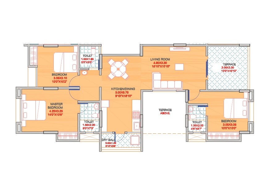 Floor plan of 3 BHK 1100 Sq. Ft. Apartment in Samarth 31 Basil, Pune
