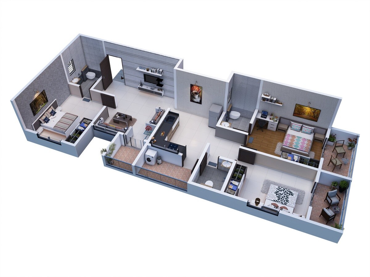 Floor plan of 3 BHK 933 Sq. Ft. Apartment in Samarth 61 Ideal, Pune