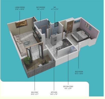 Floor plan of 1 BHK Apartment - 422 sq. ft. in Samarth Florencia Building A, Pune