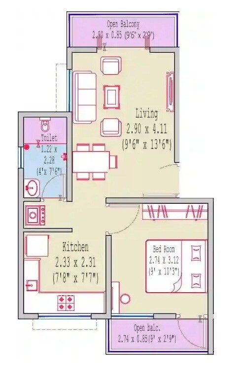 Floor plan of 1 BHK 401 Sq. Ft. Apartment in Samarth Gurudatta Residency, Pune