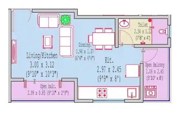 Floor plan of 307 Sq. Ft. Studio in Samarth Gurudatta Residency, Pune