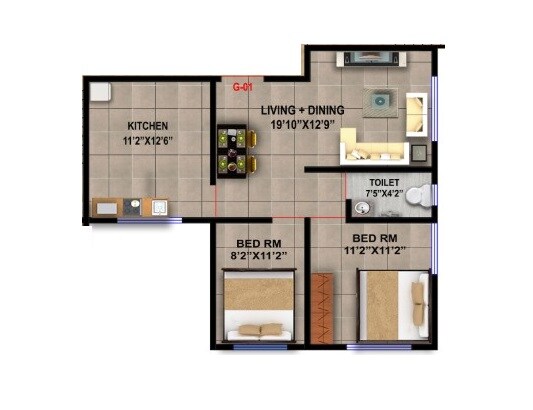 Floor plan of 2 BHK 970 Sq. Ft. Apartment in Samarth OM Residency, Pune