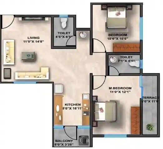 Floor plan of 2 BHK 985 Sq. Ft. Apartment in Samarth OM Residency, Pune