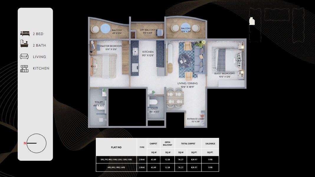 Floor plan of 2 BHK 820 Sq. Ft. Apartment in Samarth Seven Star Icon, Pune