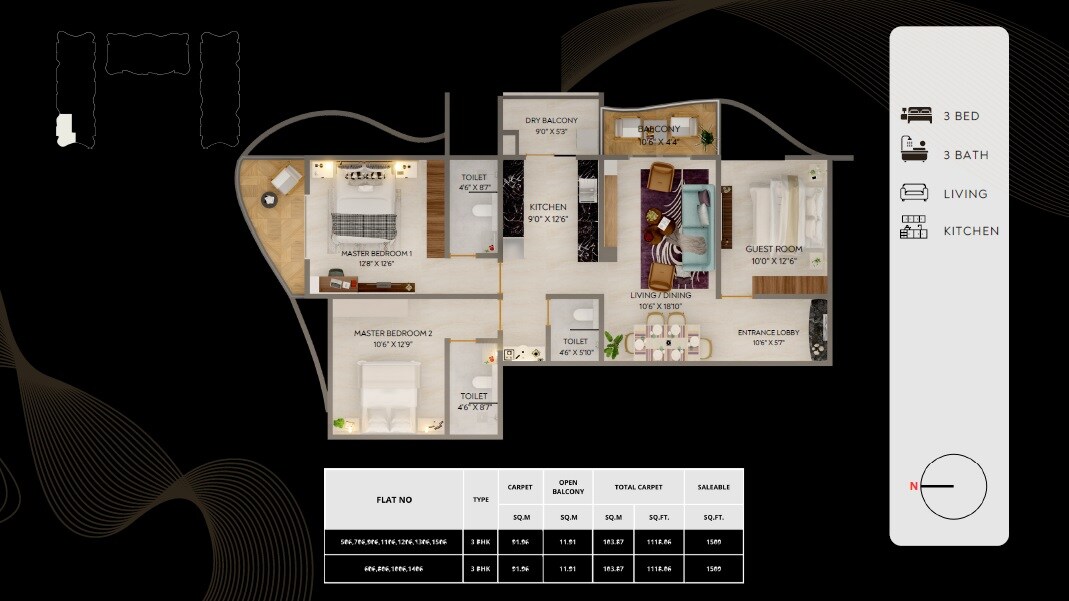 Floor plan of 3 BHK 1118 Sq. Ft. Apartment in Samarth Seven Star Icon, Pune