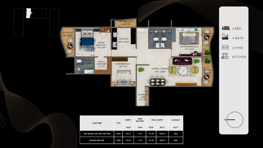Floor plan of 3 BHK 1528 Sq. Ft. Apartment in Samarth Seven Star Icon, Pune