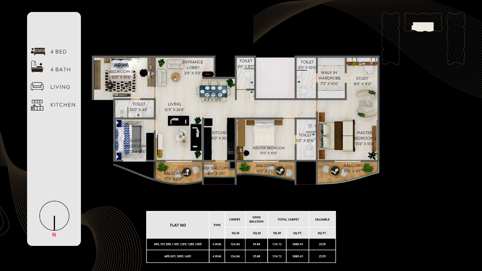 Floor plan of 4 BHK 1880 Sq. Ft. Apartment in Samarth Seven Star Icon, Pune