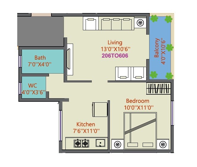 Floor plan of 1 BHK 422 Sq. Ft. Apartment in Samarth Sonai Heights, Pune