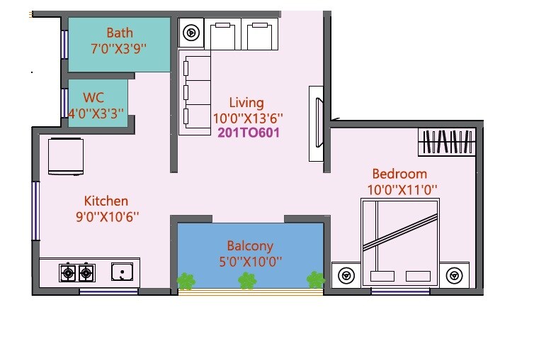 Floor plan of 1 BHK 444 Sq. Ft. Apartment in Samarth Sonai Heights, Pune