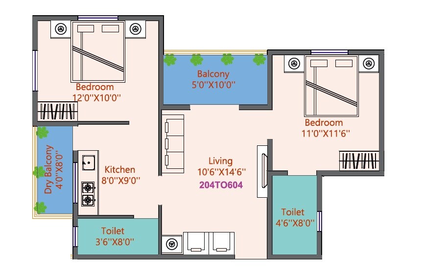Floor plan of 2 BHK 623 Sq. Ft. Apartment in Samarth Sonai Heights, Pune