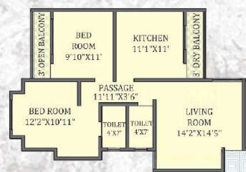Floor plan of 2 BHK 750 Sq. Ft. Apartment in Samarth Swamini Heights, Pune