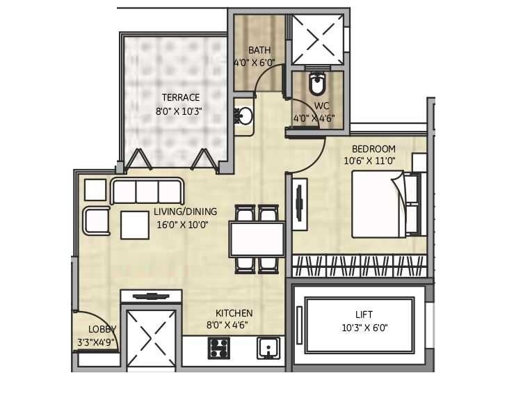 Floor plan of 1 BHK 478 Sq. Ft. Apartment in Samartha 41 Estera Phase 3, Pune