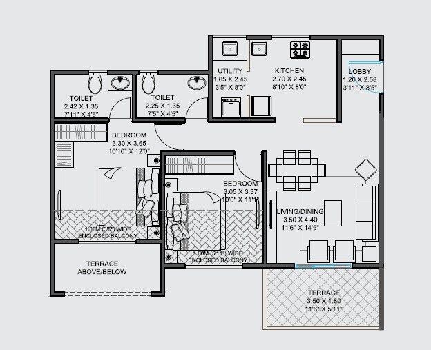 Floor plan of 2 BHK 692 Sq. Ft. Apartment in Samartha 41 Estera Phase 3, Pune