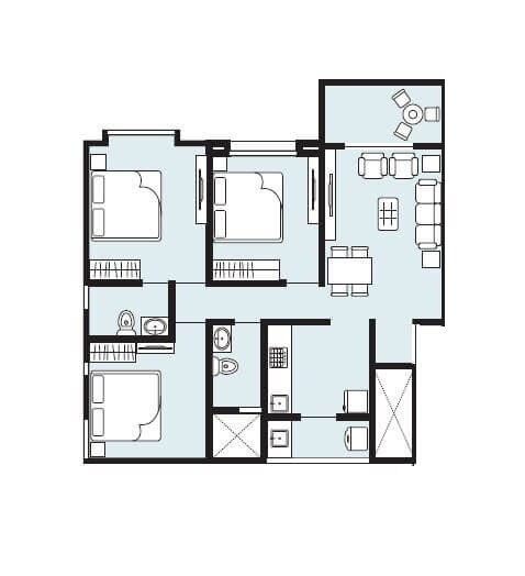 Floor plan of 3 BHK 825 Sq. Ft. Apartment in Samartha 41 Estera Phase 3, Pune