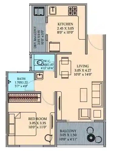 Floor plan of 1 BHK 503 Sq. Ft. Apartment in Samartha Platinum Towers, Pune