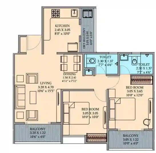 2 BHK 757 Sq. Ft. Apartment