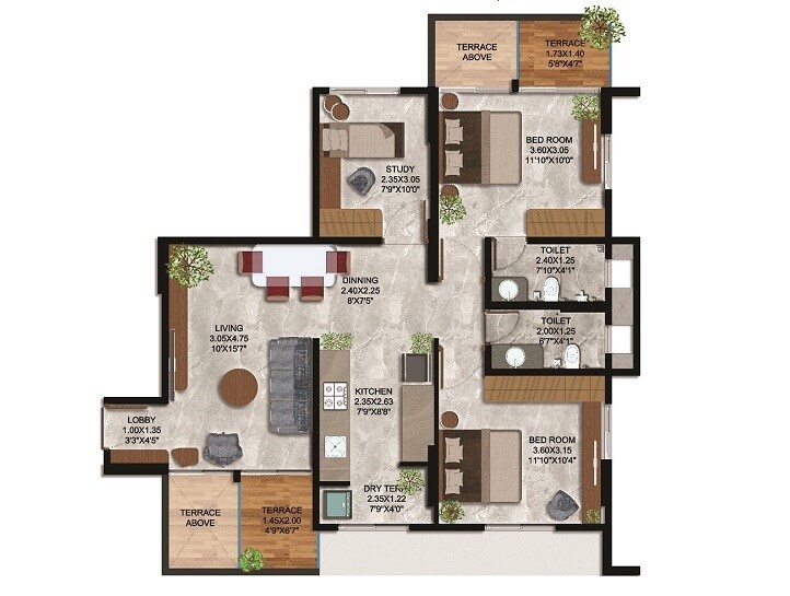 Floor plan of 3 BHK 610 Sq. Ft. Apartment in Samarttha 45 Shashwat Avenue, Pune