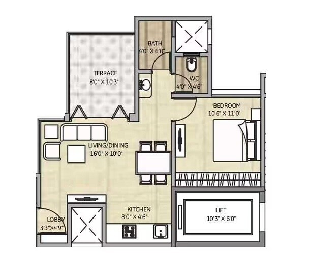 Floor plan of 1 BHK 470 Sq. Ft. Apartment in Samarttha Trimurti 41 Estera, Pune