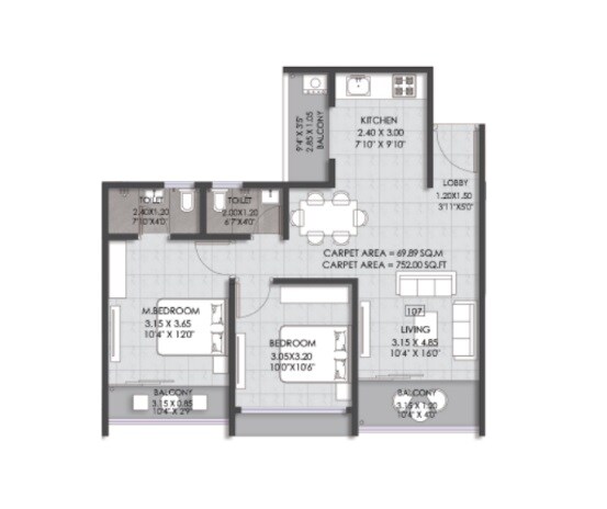 Floor plan of 2 BHK 796 Sq. Ft. Apartment in Samrajya CHS, Pune