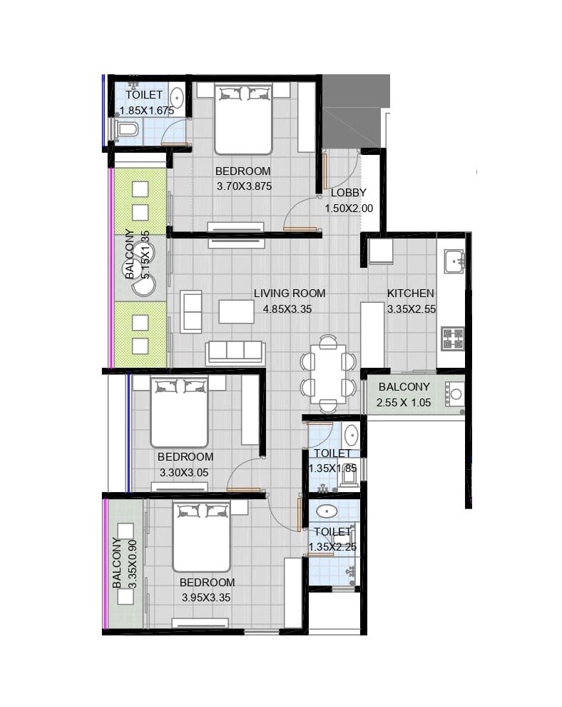 Floor plan of 3 BHK 826 Sq. Ft. Apartment in Samrajya CHS, Pune