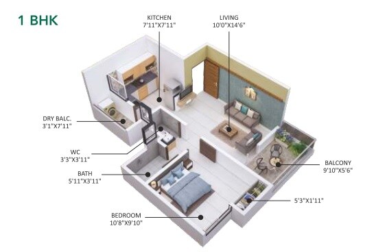 Floor plan of 1 BHK 410 Sq. Ft. Apartment in Samruddhi Emerald Towers, Pune