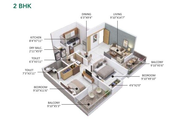 Floor plan of 2 BHK 610 Sq. Ft. Apartment in Samruddhi Emerald Towers, Pune