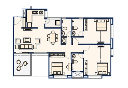 Floor plan of 3 BHK 887 Sq. Ft. Apartment in Samruddhi Lake Tower, Pune