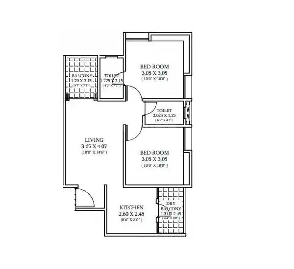 Floor plan of 2 BHK 622 Sq. Ft. Apartment in Samruddhi Prime, Pune