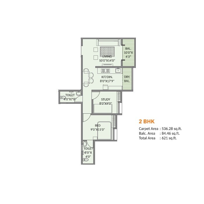 Floor plan of 2 BHK 536 Sq. Ft. Apartment in Samruddhi Sunview CHS, Pune